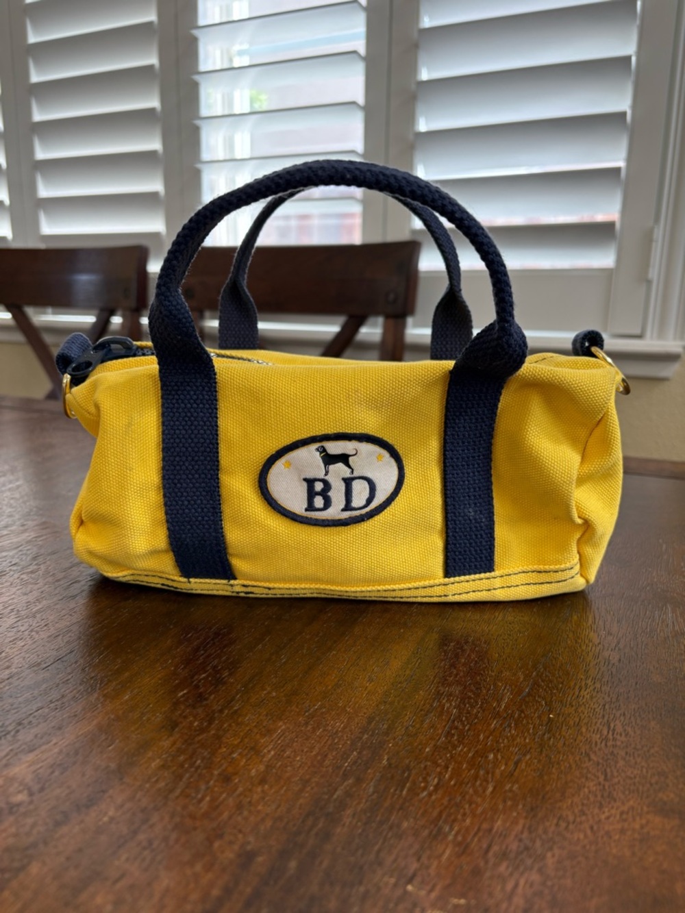 The Black Dog Yellow Mini Duffel Bag with Navy Trim no strap Cotton OS**